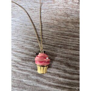 Betsey Johnson Pink Cupcake Pendant Necklace With Gold-Tone Chain & Embellishmen